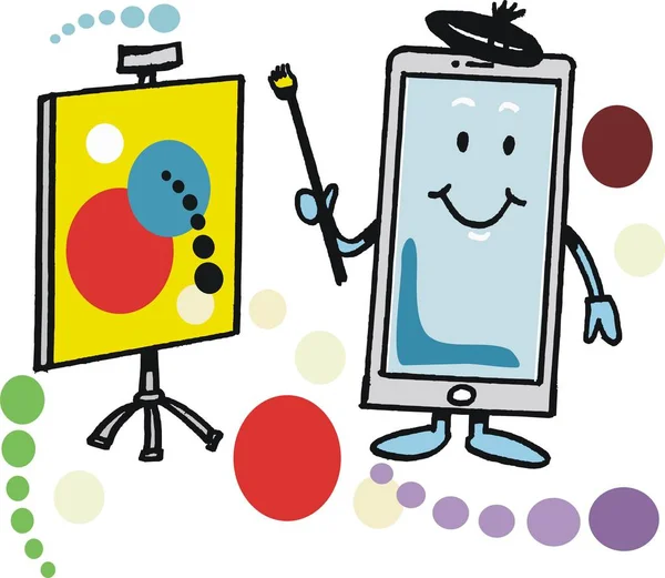 Dibujos animados de teléfono inteligente feliz con artistas caballete — Archivo Imágenes Vectoriales