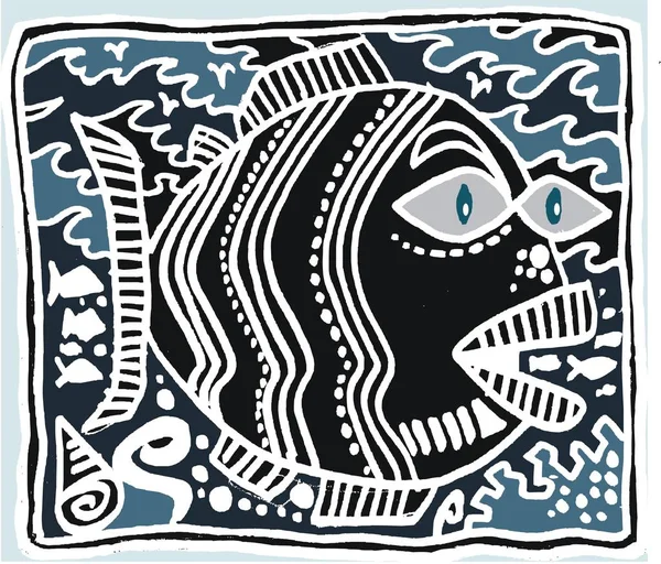 Illustration en noir et blanc de poissons tropicaux à l'aide de lignes et de points — Image vectorielle