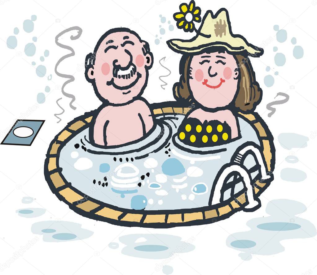Cartoon of smiling elderly couple enjoying spa bath. 