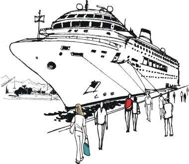 Lüks cruise gemisi limanda illüstrasyon wharf yolcuları ile