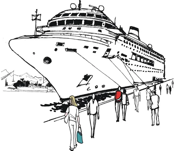 Ilustración de crucero de lujo en puerto con pasajeros en muelle — Archivo Imágenes Vectoriales