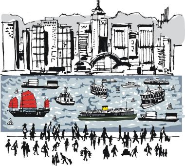 Hong Kong manzarası, harbor feribot ve insanlar ile vektör çizim. 