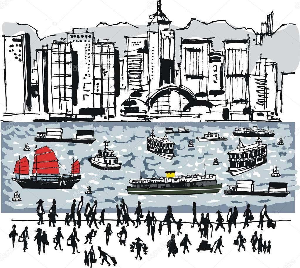 Vector illustration of Hong Kong skyline, with harbor ferries and people. 