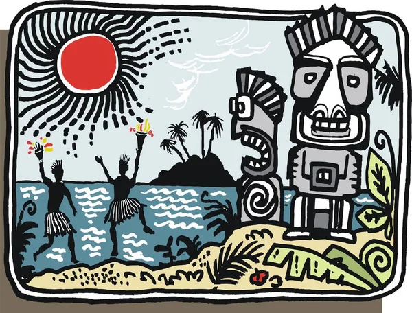 Illustrazione di statue scolpite sull'isola tropicale — Vettoriale Stock