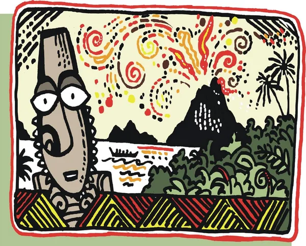 Illustration du mât totémique sculpté indigène avec un volcan en éruption en arrière-plan . — Image vectorielle