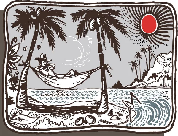 Иллюстрация человека, отдыхающего в гамаке на необитаемом острове — стоковый вектор