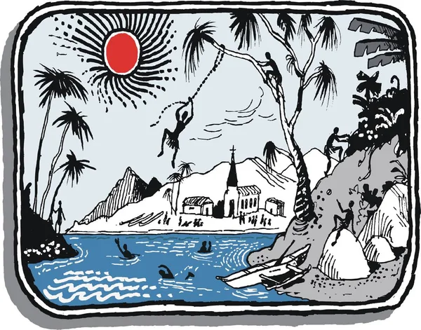 Idyllische Darstellung von Inselbewohnern im Südpazifik beim Schwimmen in der Lagune. — Stockvektor