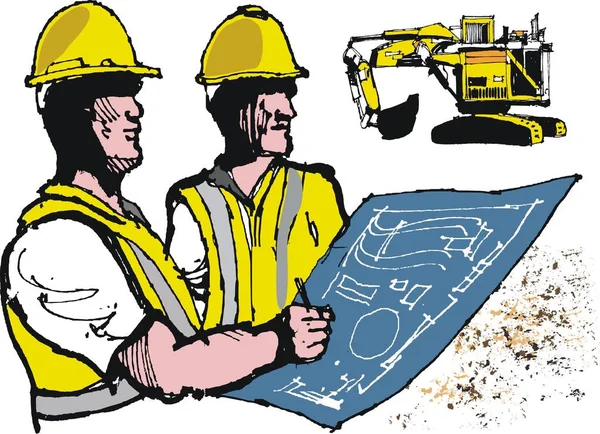 Illustration of mining engineers using blueprint plan with excavator in background. — Stock Vector