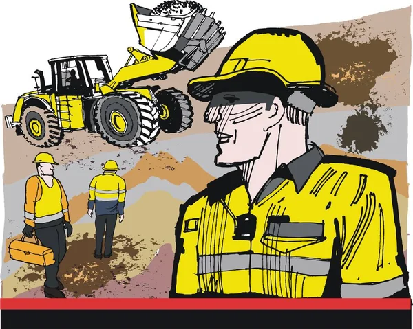 Vektoros illusztráció bányász visel sisakot és biztonsági mellény háttérben gépek. — Stock Vector