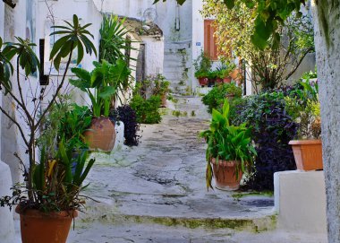 Atina / Yunanistan - 06 Aralık 2019: Anafiotika, Plaka ilçesi, Atina, Yunanistan 'da resim gibi dar bir cadde. Akropolis Tepesi yamacında turistik ilgi.
