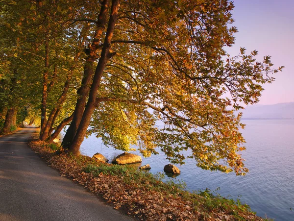 Carretera junto al lago Orestiada, Kastoria Grecia. Tapa dorada del amanecer — Foto de Stock