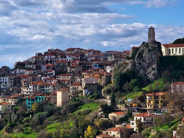 View to Arachova village, Greece with iconic tower clock, under — Stock Photo, Image