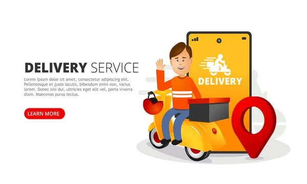 The delivery man delivers the box. A smartphone with a mobile app for tracking shipments. — 스톡 벡터