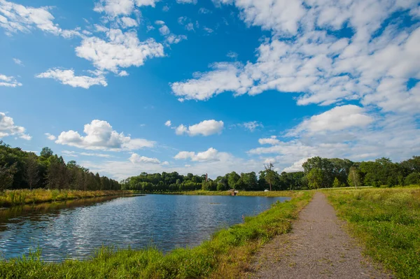 Hermoso lago todavía con árboles en el horizonte y nubes hinchadas blancas en el cielo. Día de verano tranquilo en la casa de campo. Grandes árboles verdes en un lago — Foto de Stock