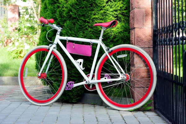 White and red bike. Stylish female red bike. standing on a sunny day outside. good pagoda for cycling. — Stock Photo, Image