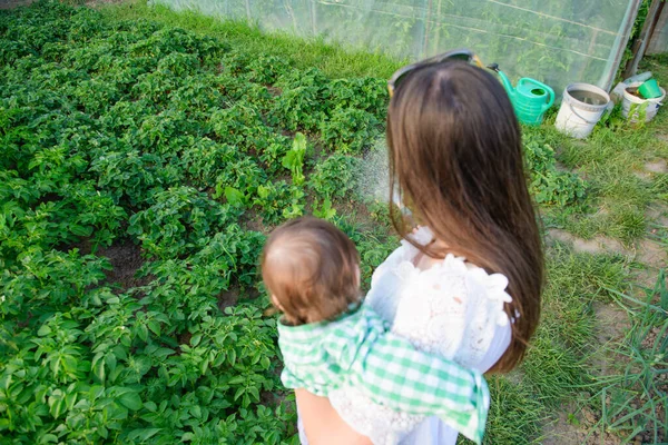 Ibu dan anak buah air, buah-buahan, sayuran, makanan eco. Tanaman buatan sendiri. tanpa aditif. makanan sehat untuk bayi . — Stok Foto