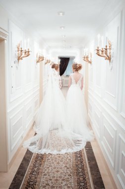 İki nedime. Evliliğe git. Gelinlik giymiş güzel kızlar. Gerçek kız arkadaş.