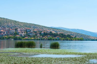 Göl kenarında turuncu çatıları olan bir şehir.