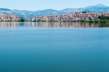 Deniz kenarında turuncu çatıları olan bir şehir.