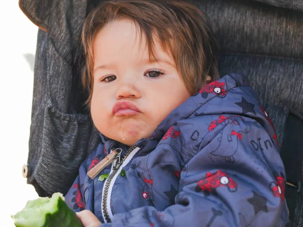 A gyerek uborkát eszik. Ülni egy babakocsiban. élénk érzelmek. 0-1 éves gyermek — Stock Fotó