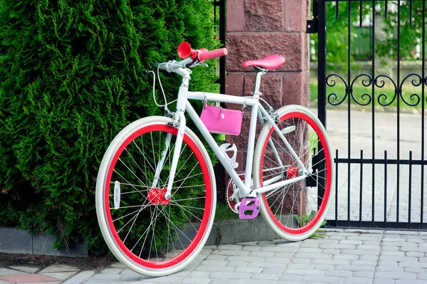 Weiß-rotes Fahrrad. stylisches rotes Damenfahrrad. an einem sonnigen Tag draußen stehen. gute Pagode zum Radfahren. — Stockfoto