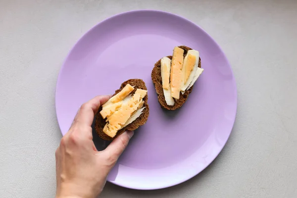 Morning sandwiches with coffee. bread with cheese and butter. — Stockfoto