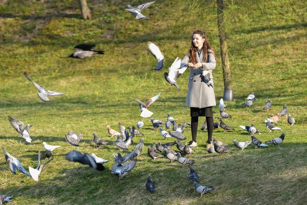 A rapariga alimenta pombos. no parque num pagode ensolarado. cuidar de animais. Mulher sorridente bonita alimentando pombos no parque durante o dia — Fotografia de Stock