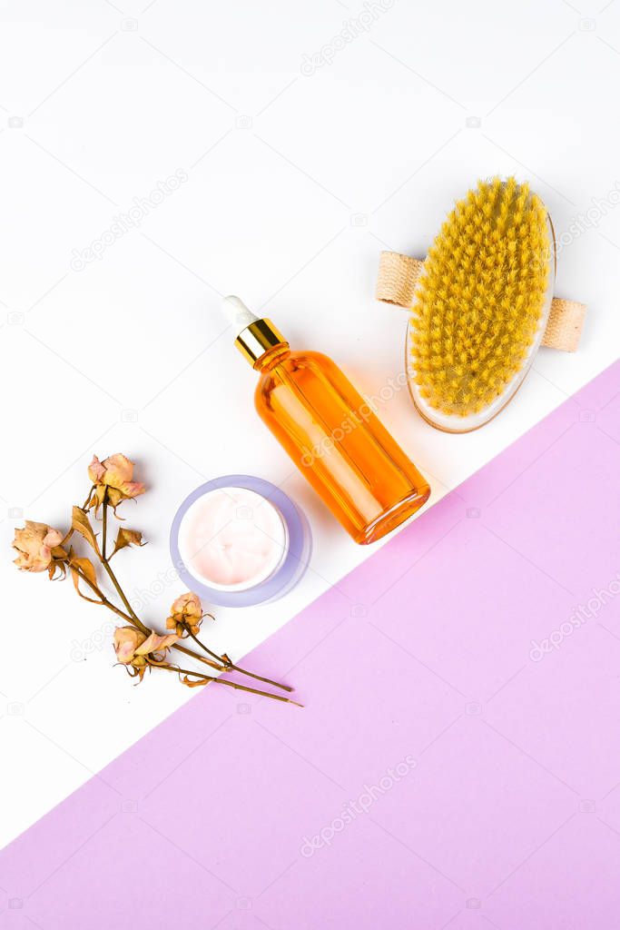 Body care natural wood products eco friendly on pink background. Zero waste concept. view from above. Massage brush. Accessories for massage. Flatley. Eco care concept. Skin care products. craft paper