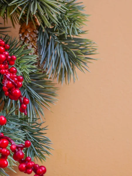 Albero di Rowan con coni di abete su sfondo beige. Posto per testo. posa piatta. Decorazione di Capodanno — Foto Stock