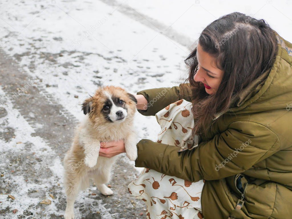 Girl stroking a puppy on the street. winter and pets. Teenager girl hug puppy shepherd dog close up photo.