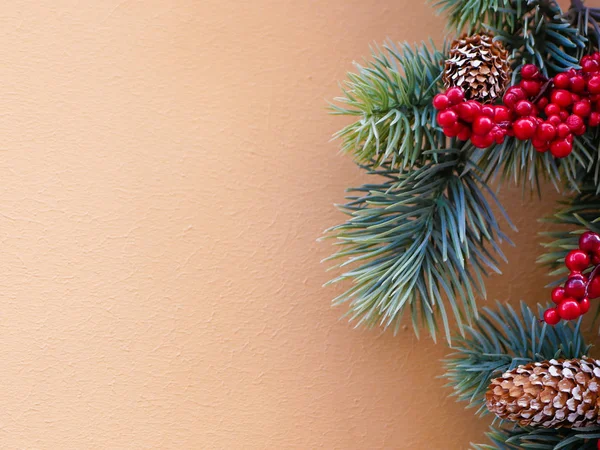 Albero di Rowan con coni di abete su sfondo beige. Posto per testo. posa piatta. Decorazione di Capodanno — Foto Stock