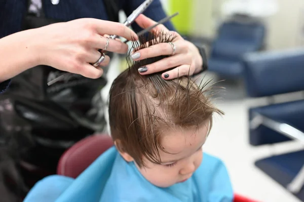 Un enfant chez le coiffeur. La première coupe de cheveux de l'enfant chez le coiffeur. Bébé coupe de cheveux tout-petit . — Photo