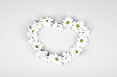 Beyaz arka planda kalp şeklinde taze çiçekler var. Yukarıdan bak. Doğal kozmetik. Kayıt için bir yer. Fotokopi alanı olan mavi ahşap bir arkaplanda kalp şekli oluşturmak: ilkbahar zamanı kavramı 