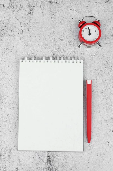 Time Management Concept List Red Alarm Clock Pencil Notebook — Stockfoto