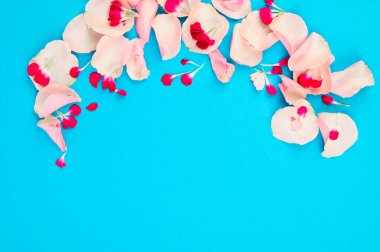 Minimum arka plan konsepti. Mavi masada izole edilmiş taze çiçek bileşimi. Üst görünüm.