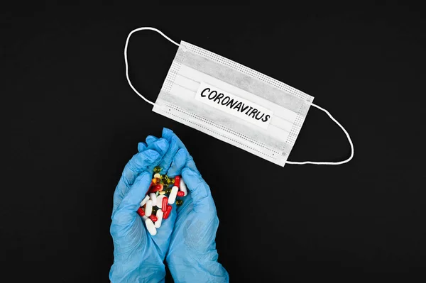 Hands Medical Gloves Holding Pills Blood Test Protective Mask Coronavirus — Stock Photo, Image