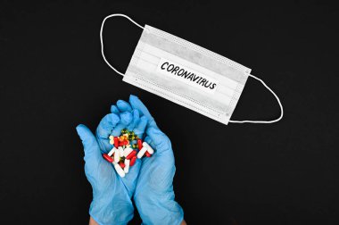 Coronavirus için ilaç kullanma konsepti. Coronavirus konsepti. Daire yalan söylüyordu. Yukarıdan görüntüle