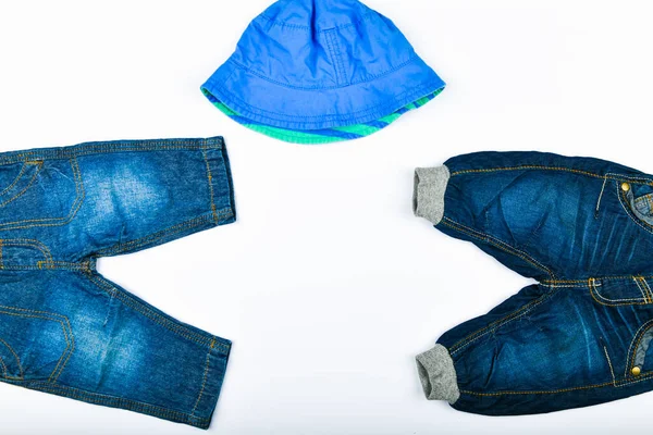 Синяя Детская Одежда Плоский Лежал Джинсы Носки Панама Место Письма — стоковое фото