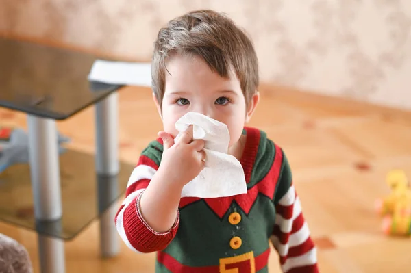 Portrait Sick Boy Cleaning His Nose Napkin Flu Season Concept — Stock Photo, Image