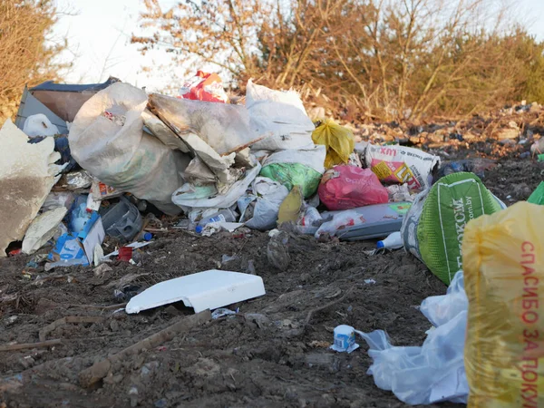 scattered trash in nature. mountain of garbage polluting the nature. MOSCOW, RUSSIA - MAY 10 , 2020/