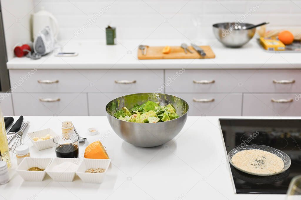 Vegetarian salad in a metal bowl. vegetable salad in stainless steel strainer