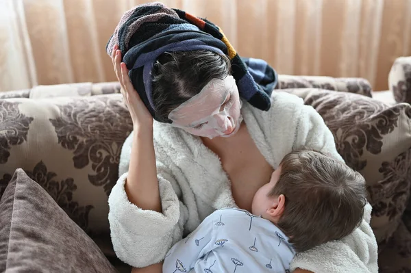 Portrait Tired Breast Feeding Girl Moisturizing Face Mask — Stock Photo, Image