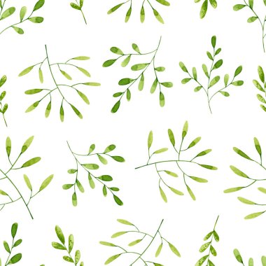 Yeşil suluboya dalları ve yaprakları olan kusursuz bir desen. El çizimi illüstrasyon 