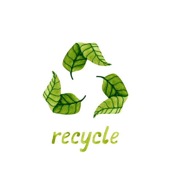 Waterverfwoord recyclen met groene bladeren. Handgetekende illustratie — Stockfoto