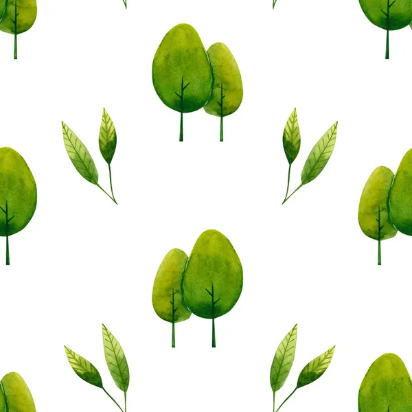 Nahtloses Muster mit aquarellgrünen Bäumen und Blättern. Handgezeichnete Illustration — Stockfoto