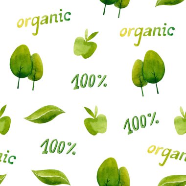 Sulu boya sözcüğüyle kusursuz desen. Organik, yeşil elma, ağaçlar, yaprak. El çizimi illüstrasyon