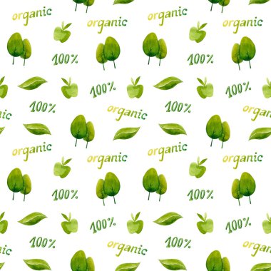 Ağaç, elma, organik, suluboya kelimeli kusursuz desen. El çizimi illüstrasyon 