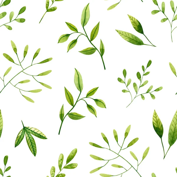 Nahtloses Muster mit grünen Aquarellzweigen und Blättern. Handgezeichnete Illustration — Stockfoto