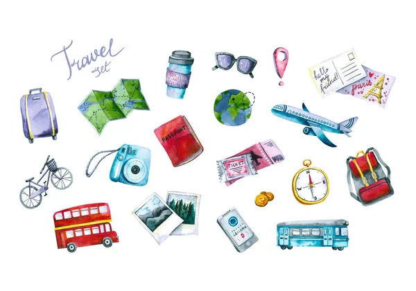 Akvarell utazási ikonok. Kézzel festett trendi illusztráció — Stock Fotó