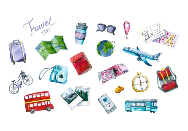 Set of watercolor travel icons. Hand painted trendy illustration — Stock Photo, Image